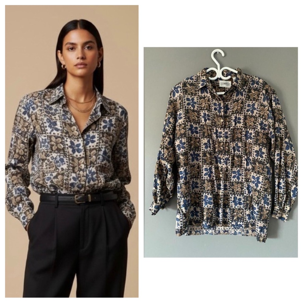 Dark Academia Women's Silk Blouse Earth Tone Floral Print Whimsigoth Large